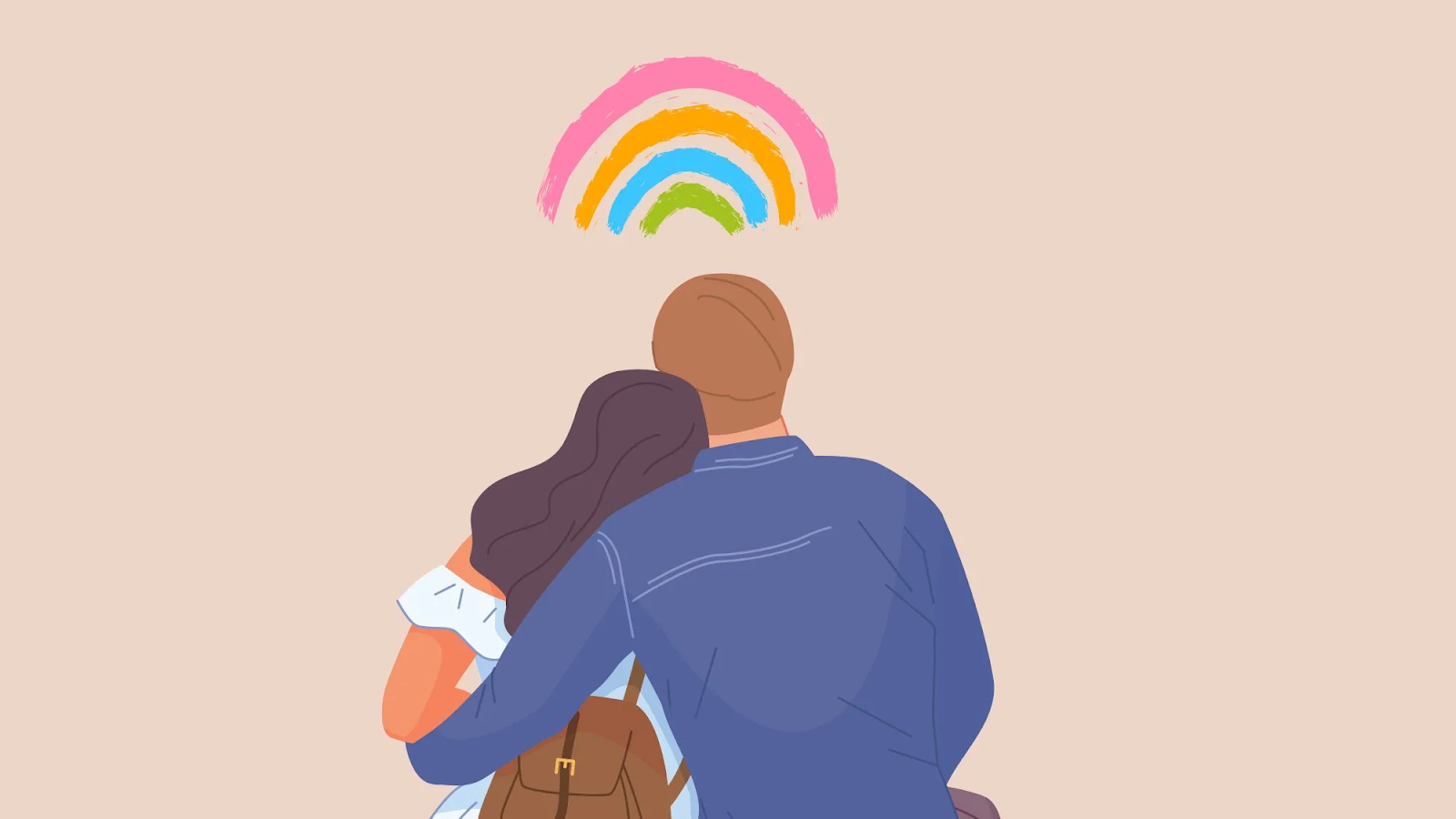 cartoon couple hugging with rainbow above their heads